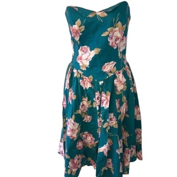 Carol Anderson California Dress Size 10 Turquoise Floral Cotton Attached Belt - Picture 1 of 13
